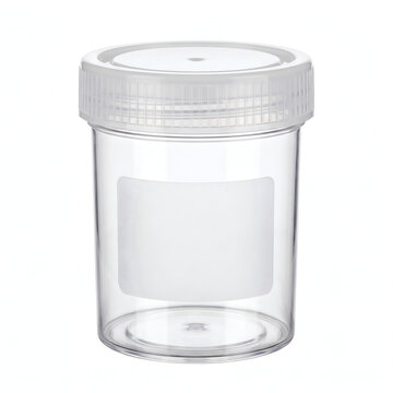 Empty medical specimen cup with lid. Plastic container for clinical laboratory testing.