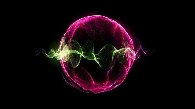 Glowing neon sphere with vibrant energy waves on black background with set against stark black mesmerizing abstract sphere formed smooth glowing