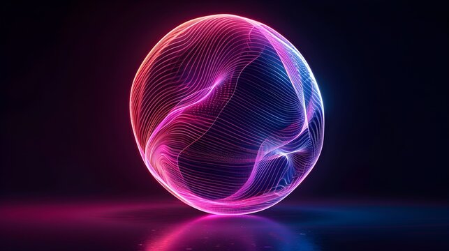 Glowing neon sphere with swirling lines on dark background with vibrant glowing illuminated technology futuristic abstract colorful science with digital