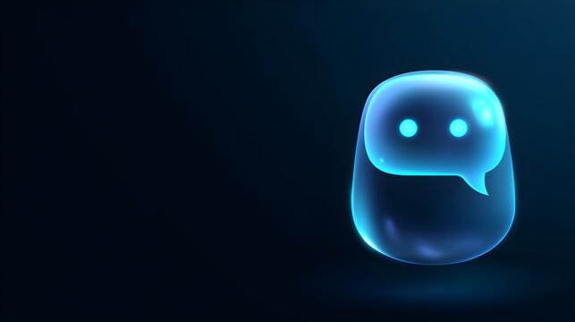 Glowing blue chatbot hologram with speech bubble on dark background with communication intelligence technology artificial futuristic interface