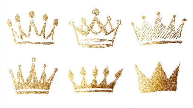 Set of hand-sketched doodle crowns in shimmering gold, minimalist yet elegant tiara illustrations isolated on clean backdrop