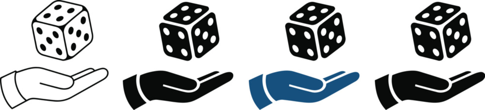 Hand holding dice icons featuring outline, solid black, blue, and navy vector styles for gaming and chance concepts.