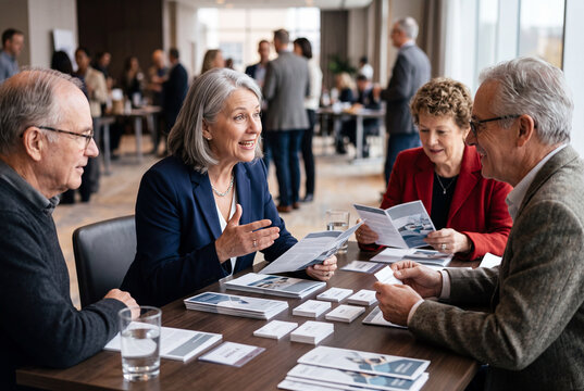 Older adults discussing brochures around a table for community meeting banner and event planning background