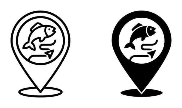 Fishing Location Pin Icons, Fish Spot Marker Vector Graphics, Aquatic Navigation Symbols, Outdoor Activity Map Pointers