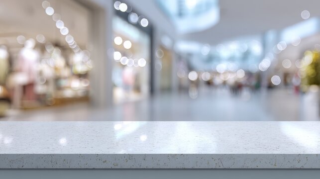Empty glossy white countertop against soft focus retail store backdrop, glowing bokeh illumination, minimal clean banner composition for advertising products