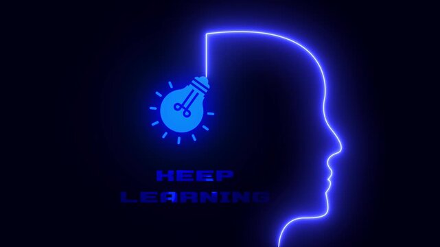 Glowing neon human head profile with light bulb idea and keep learning text on dark background animation video loop