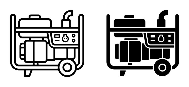 Portable Generator Icons, Electric Power Source, Emergency Backup Equipment, Clean Line Art and Solid Fill Vector Graphics