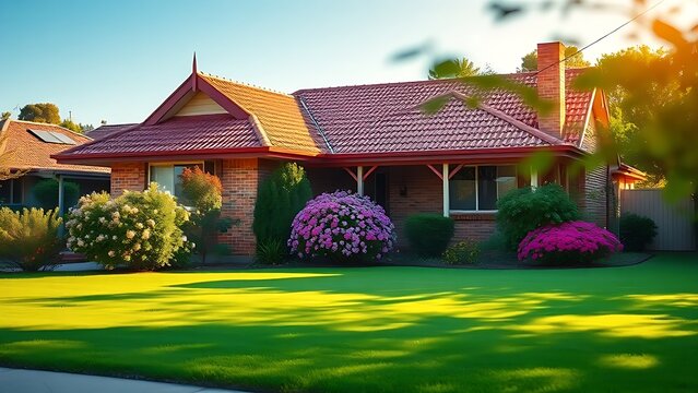 Suburban Australian house with a red roof surrounded by lush greenery in warm sunlight.