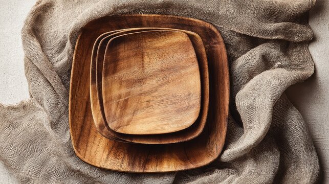 Elegant teak square plate set on linen cloth background, warm rustic tones highlighting eco-friendly natural dining accessory