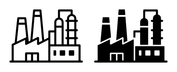 Obraz premium Industrial Factory Icons, Manufacturing Plant Symbols, Power Generation Facilities, Production Buildings, Chemical Plant Silos, Energy Infrastructure, Silhouette and Outline Styles