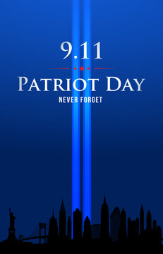 Blue beams of light illuminate skyline, symbolizing remembrance and hope. Text highlights significance of Patriot Day, invoking unity and reflection.
