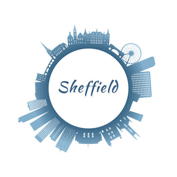 Sheffield skyline with colorful buildings. Circular style. Stock vector illustration.