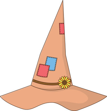 Scarecrow Hat with Patches and Sunflower Vector Illustration. Halloween Decoration Design Element Isolated on White Background