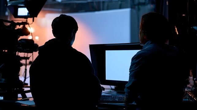 Two people working at a computer monitor in a dimly lit studio environment with professional lighting equipment and a large white screen behind them