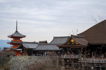 Naklejka premium Kiyomizu-dera Temple complex with three story pagoda, Kyoto, Japan