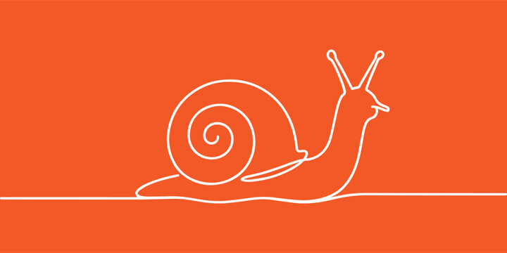 Snail with Spiral Shell Single Continuous Line Art Vector Illustration on Orange Background