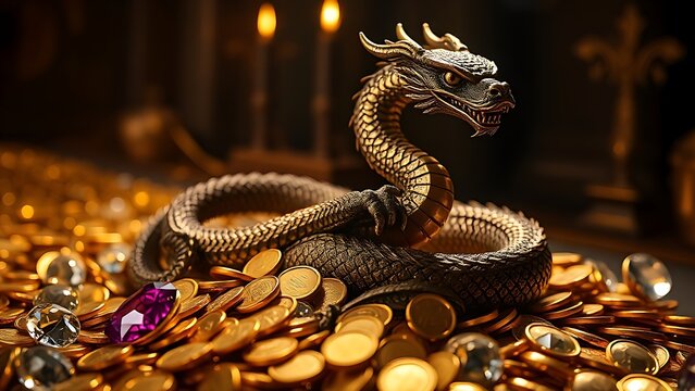 Coiled dragon statue on a pile of gold coins and gemstones in a dim treasure chamber.