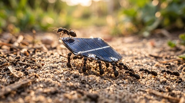 Line Tiny Black Ants Carrying Miniature Solar Panel Fragment Sandy Trail Macro Insect Energy