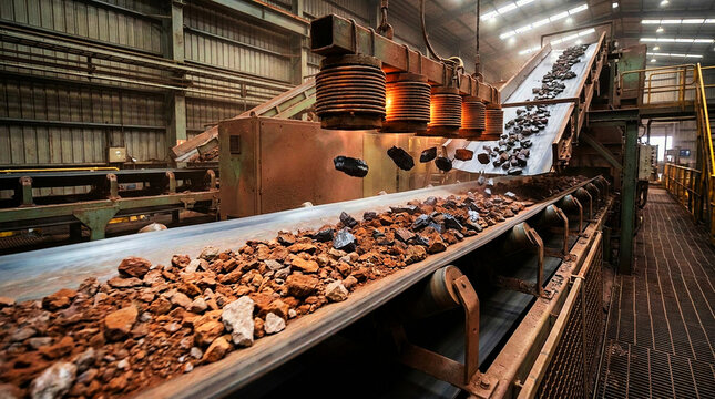 Industrial conveyor carrying raw mineral material through a large processing plant with heated equipment and metal structures, ideal for manufacturing, mining, engineering, and production themes.