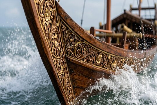 Close Up Detail of Traditional Malay Wood Carving Awan Larat on Ship Bow