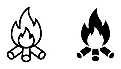 Campfire Icon Set, Two Styles: Outline and Solid Black, Representing Fire and Warmth for Outdoor Adventures and Camping Themes © Nijam