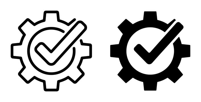Gear with Checkmark Icons, Outline and Solid Fill, representing approval, quality control, and successful process completion, vector graphics