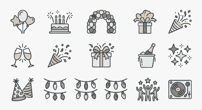 Industrial Style Minimalist Line Icons Set Featuring Celebration Elements Like Balloons Cake Champagne Gifts Party Hats Confetti and Festive Decorations