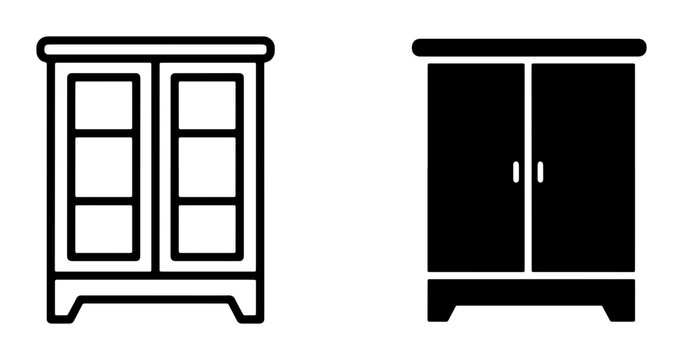 Two Cabinet Icons: Outline Display Cabinet, Solid Double Door Wardrobe, Furniture Vector Graphics for Interior Design and Storage Concepts