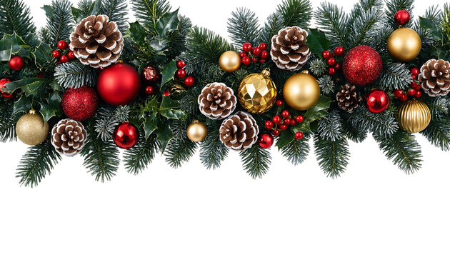 Beautiful holiday greenery garland with pine cones and festive ornaments transparent background