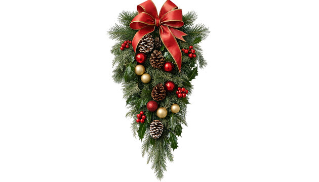 Elegant Christmas greenery wreath with pine cones and decorative bow transparent background
