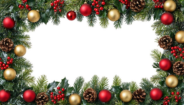 Beautiful holiday wreath decoration with greenery pine cones and baubles transparent background