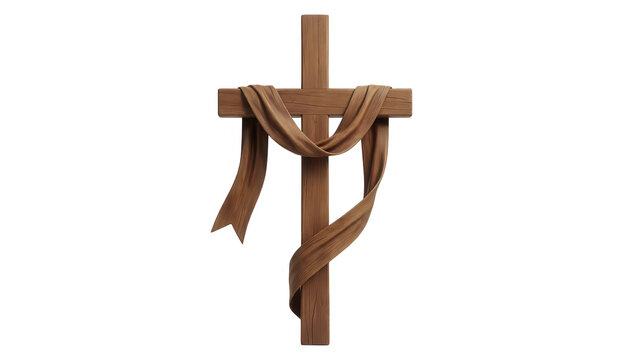 Wooden Cross with Draped Ribbon Transparent Background