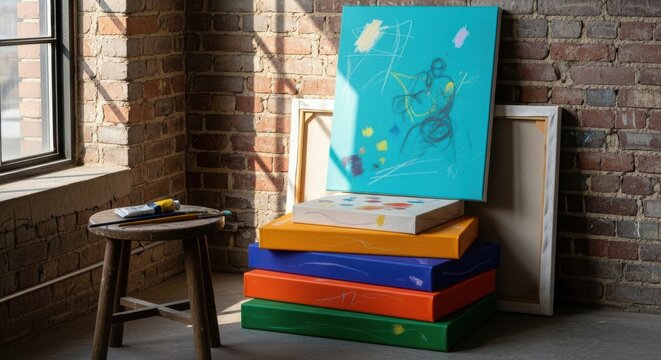 A colorful abstract painting rests atop a stack of art books in a brick studio