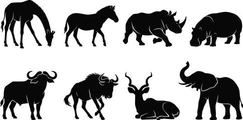 African Wildlife Animal Silhouette Bundle Featuring Giraffe Zebra Rhinoceros Hippopotamus Buffalo Wildebeest Antelope and Elephant Vector Set © Miss