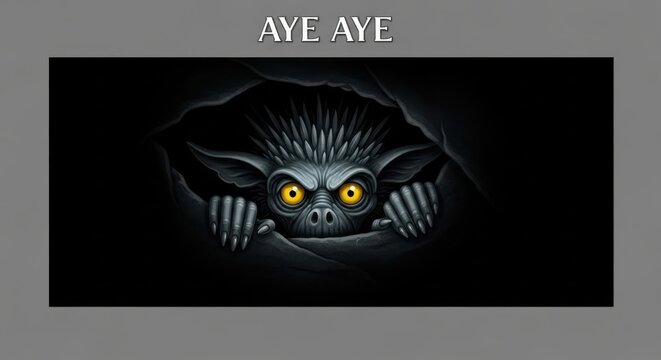 A spiky creature with glowing yellow eyes peeks from a dark hole