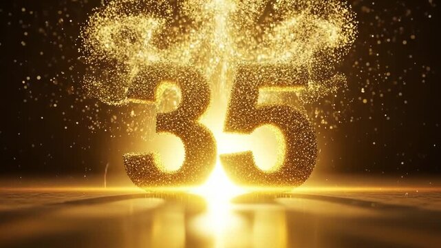 A shimmering golden number thirty-five celebration with glowing particles