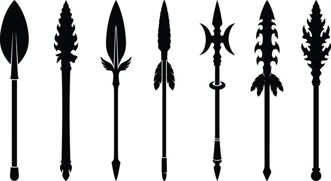 Ancient Spear Silhouettes Collection Featuring Tribal Medieval and Fantasy Pole Weapons Isolated on White Background