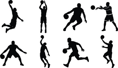 Basketball Player Silhouettes Collection Featuring Dribbling Shooting Passing Dunking and Jumping Action Poses Isolated on White Background © Miss