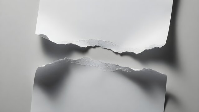 Two pieces of white paper with torn edges separated by a gap on a gray background