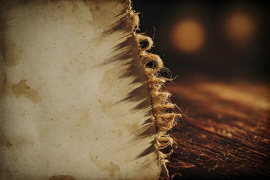 Close up of the torn edge of aged parchment paper on a dark wooden surface