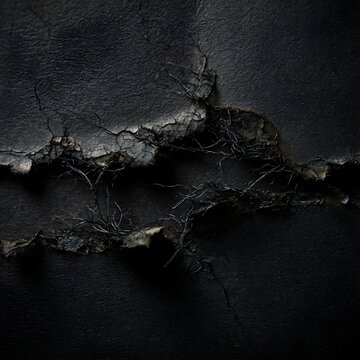 Close up of torn black synthetic leather material showing inner fibers