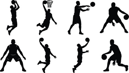 Basketball Player Silhouette Collection with Dribbling Shooting Dunking Passing and Defensive Action Poses Isolated Black Vector Set © Miss