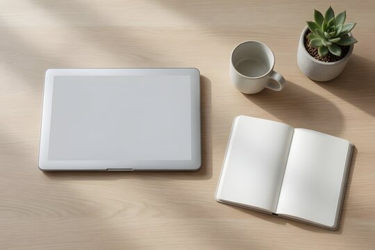 Blank tablet and open notebook on a wooden desk with a succulent and a coffee cup