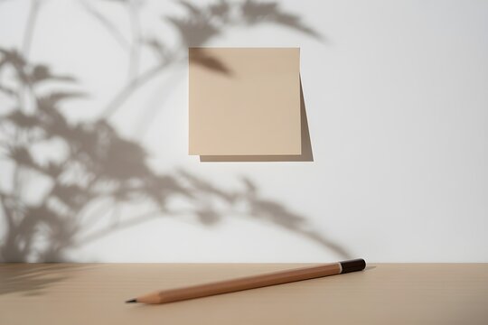 Blank sticky note on a white wall with a pencil and botanical shadows
