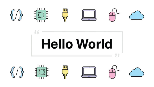 Digital Innovation Concept: A clean, modern graphic illustration featuring the iconic Hello World greeting surrounded by minimalist icons of computer hardware, software code.