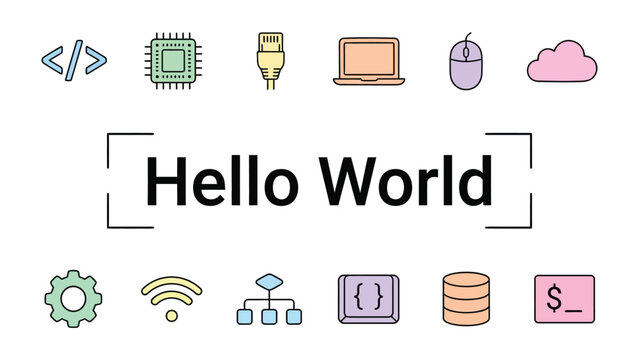 Hello World Iconography: A collection of simple, colorful icons representing various elements of technology and programming, centered around the phrase Hello World.