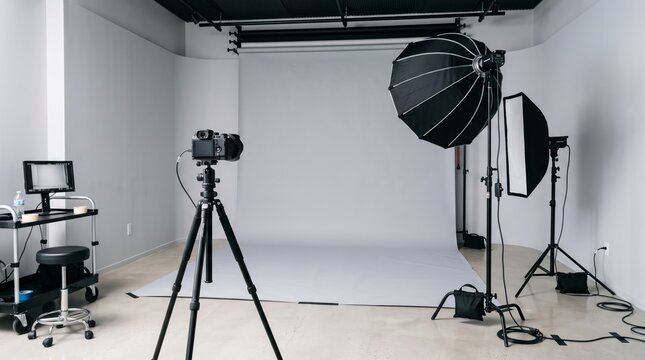 Professional Photography Studio Prepared for Photoshoot With Lighting Equipment