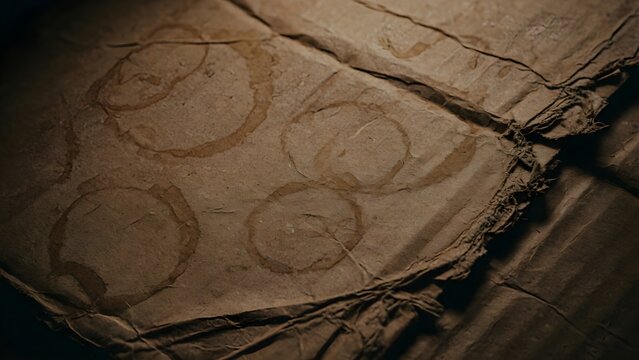 Stained coffee cup rings on a piece of rough brown corrugated cardboard