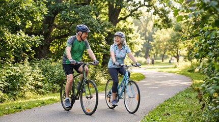 Fototapeta premium Happy Senior Couple Enjoying Bicycle Ride Together on Scenic Park Path