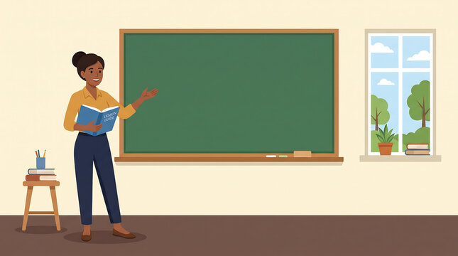 Teacher writing on green chalkboard in elementary classroom for educational materials and lesson planning